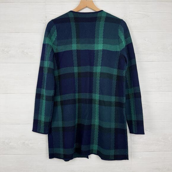 Talbots Pure Merino Wool Cardigan Large Green Tartan Plaid Preppy Open Front - Picture 7 of 15